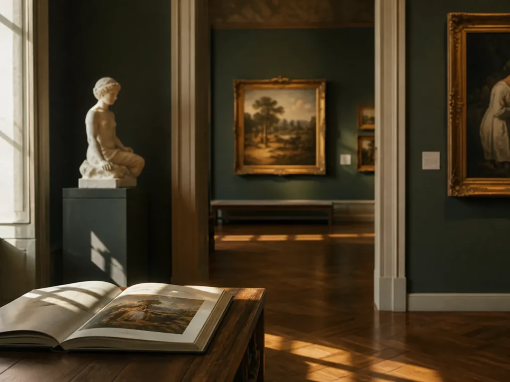 Onde ver arte em galeria com luz natural entrando pela janela, livro aberto com pinturas sobre mesa de madeira, escultura clássica ao fundo e quadros emoldurados em uma sala tranquila de museu.