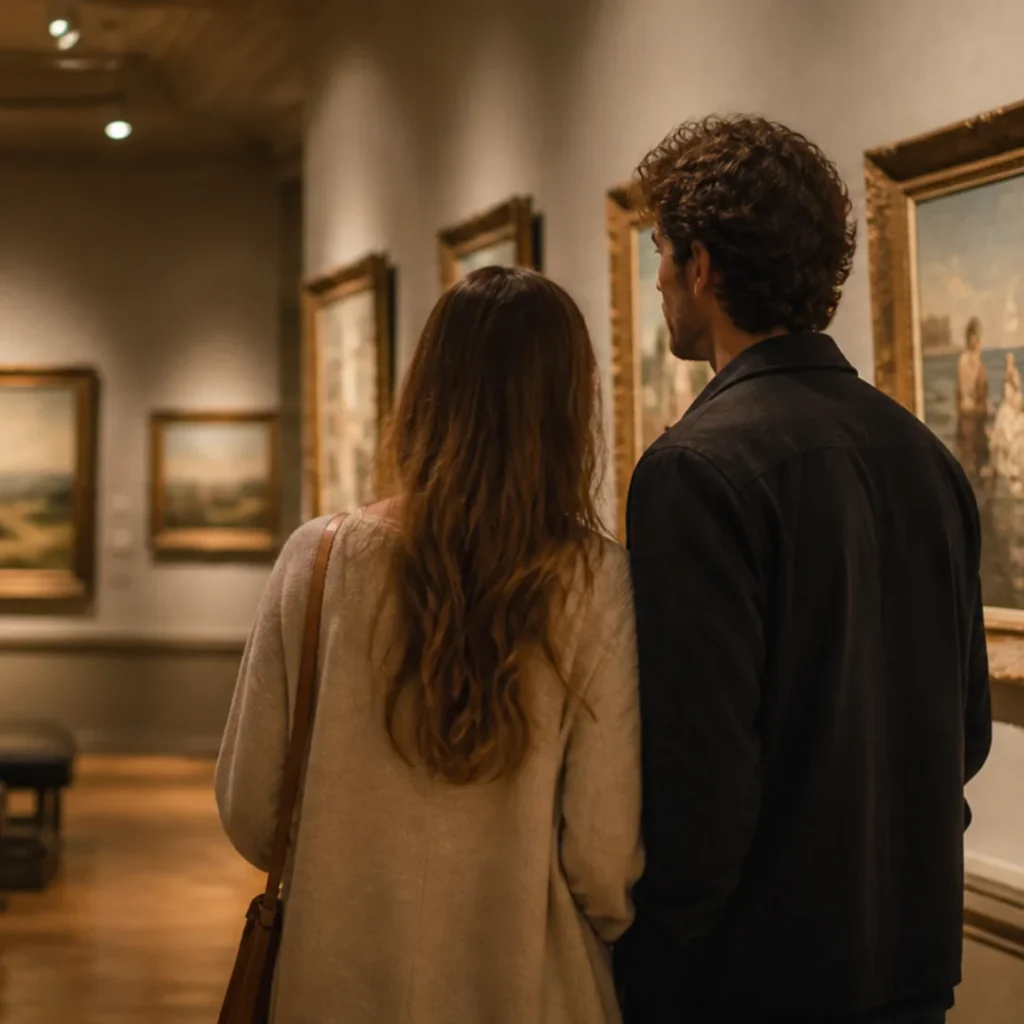 Casal visto de costas em uma galeria de arte, olhando para pinturas figurativas emolduradas em dourado nas paredes brancas, exatamente o tipo de experiência que o Onde Ver Arte recomenda. Ela tem cabelos longos castanhos e carrega uma bolsa de couro; ele veste uma jaqueta escura e tem cabelos cacheados. A iluminação é quente e o piso é de madeira.