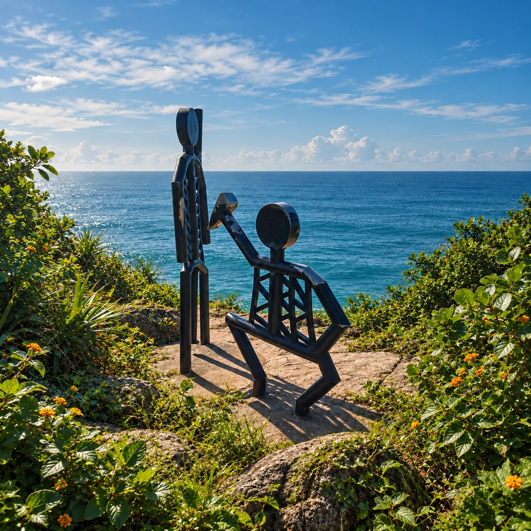 Escultura de metal com duas figuras humanas em um mirante à beira-mar em Florianópolis, com o oceano ao fundo